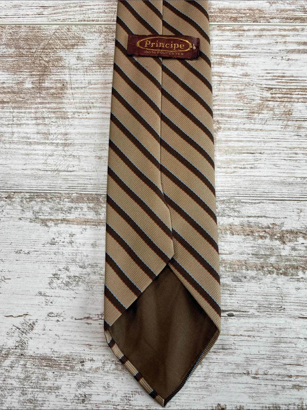 Vintage Principe Tie Tan Brown Blue Striped Classic 3” Business Office